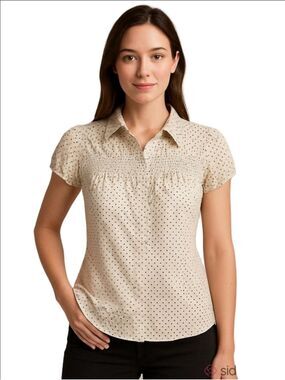 Midtown White Black Polka Dot Button Front Shirt Large
